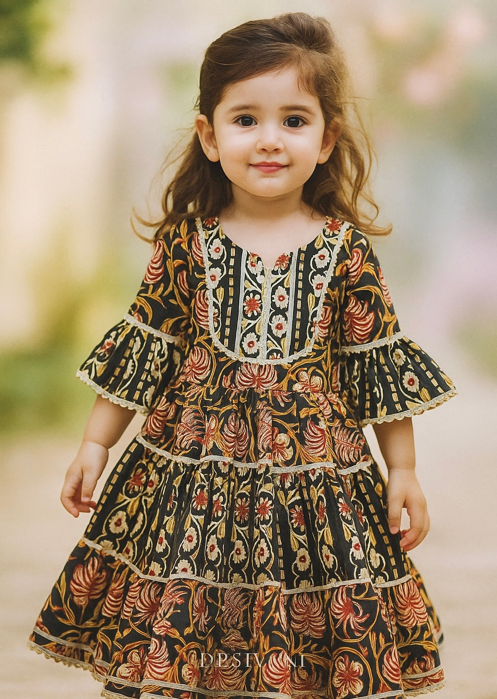 Young girl wearing a patterned dress with a blurred natural background