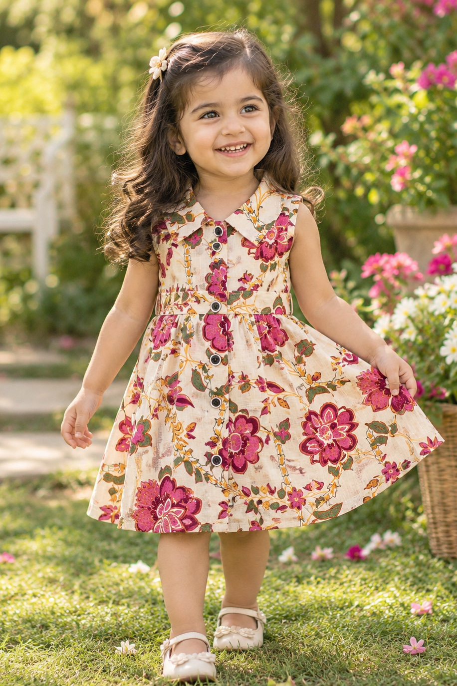 A young girl with long brown hair stands outdoors in a sunny garden wearing a sleeveless cream-colored dress with a vibrant pink, red, and green floral print. She is smiling and holding out her skirt, with flowers and a garden bench blurred in the background.