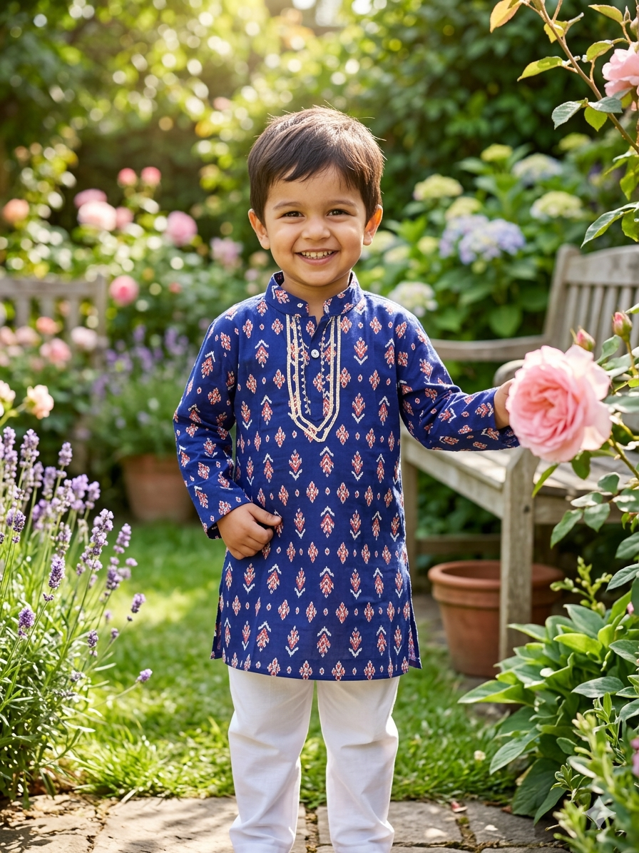Child in a blue traditional outfit standing in a garden with flowers and greenery.
