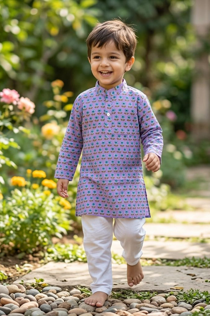 Child in a patterned kurta walking on a garden path with flowers and greenery.